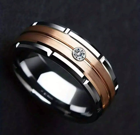 Men 8mm Titanium 2-Tone Brushed Rose Gold Zircon Inlay Comfort-Fit Wedding Band